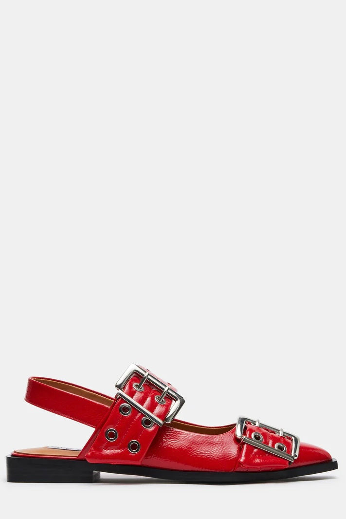 Red Hot Patent Oversized Buckle Slingback Flats