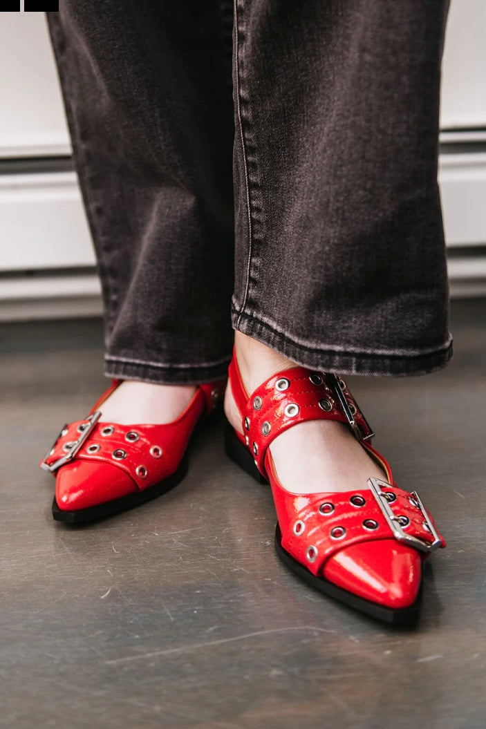 Red Hot Patent Oversized Buckle Slingback Flats