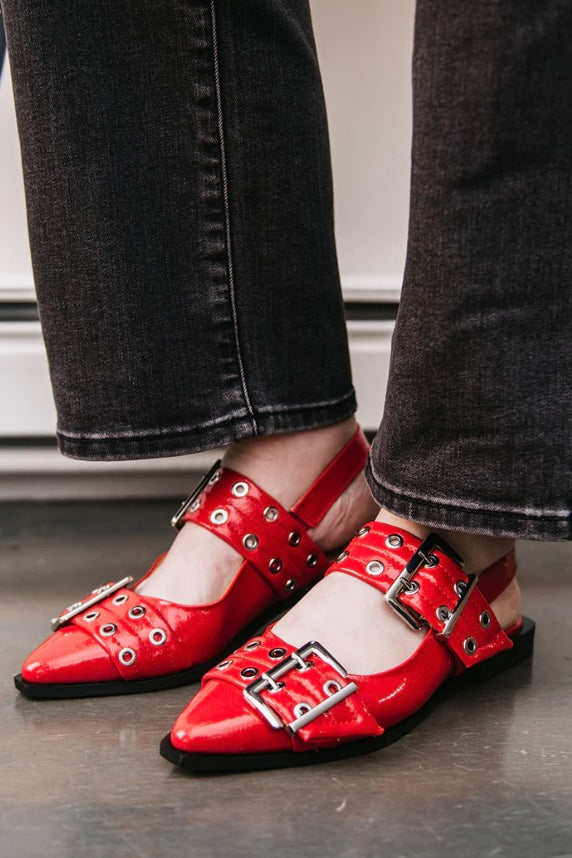 Red Hot Patent Oversized Buckle Slingback Flats