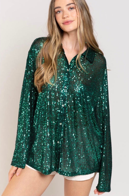 Green sequin sparkle button front semi sheer blouse with shimmer finish for festive dressy casual outfits