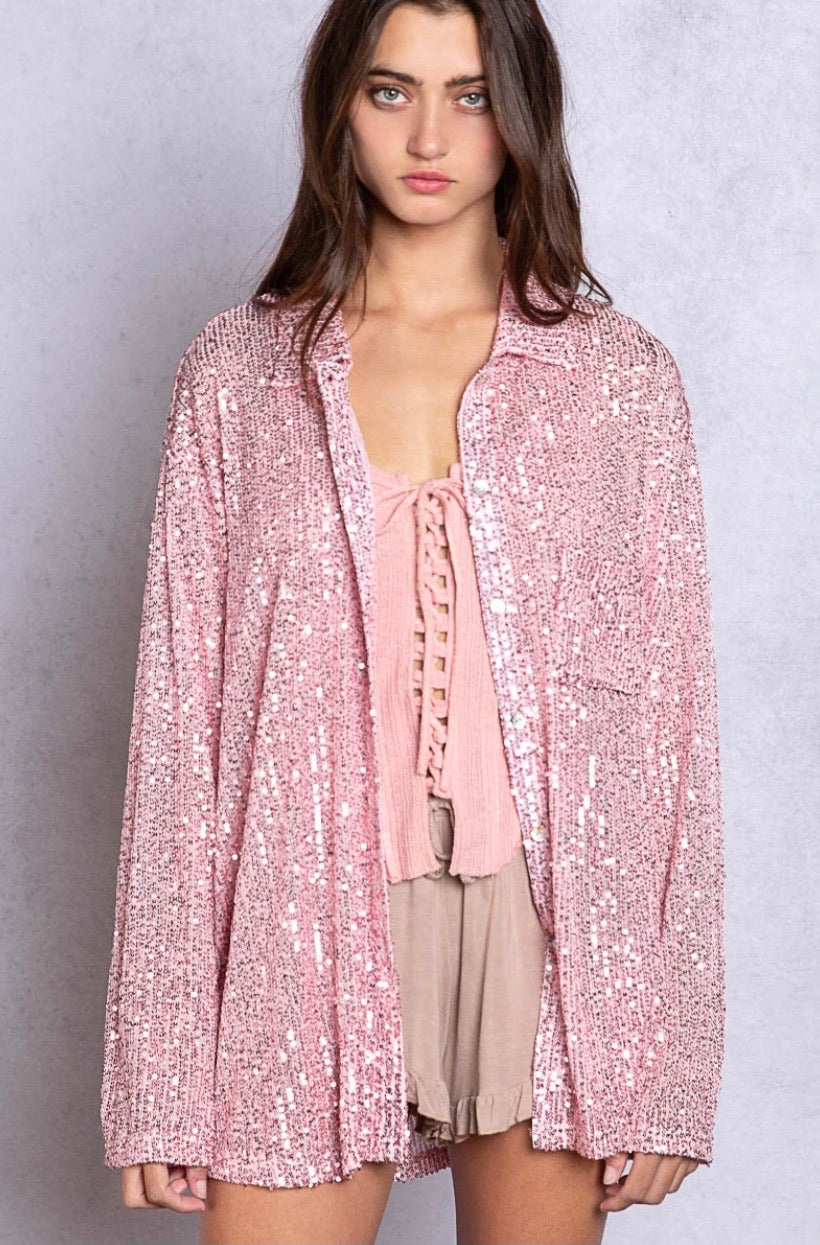 Pink sequin sparkle semi sheer button down shirt with high low hem for glam night out style