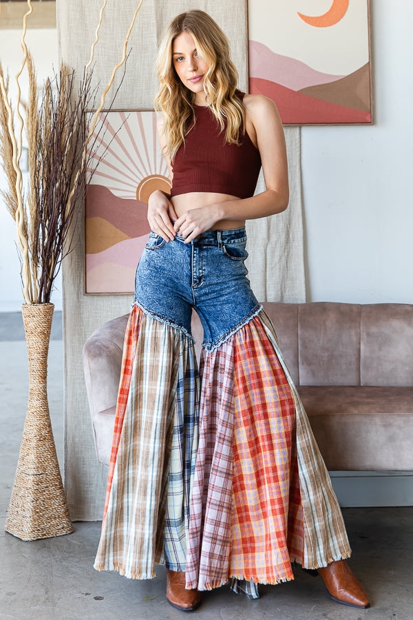 Nashville Party Washed Plaid Patchwork Super Flares PREORDER