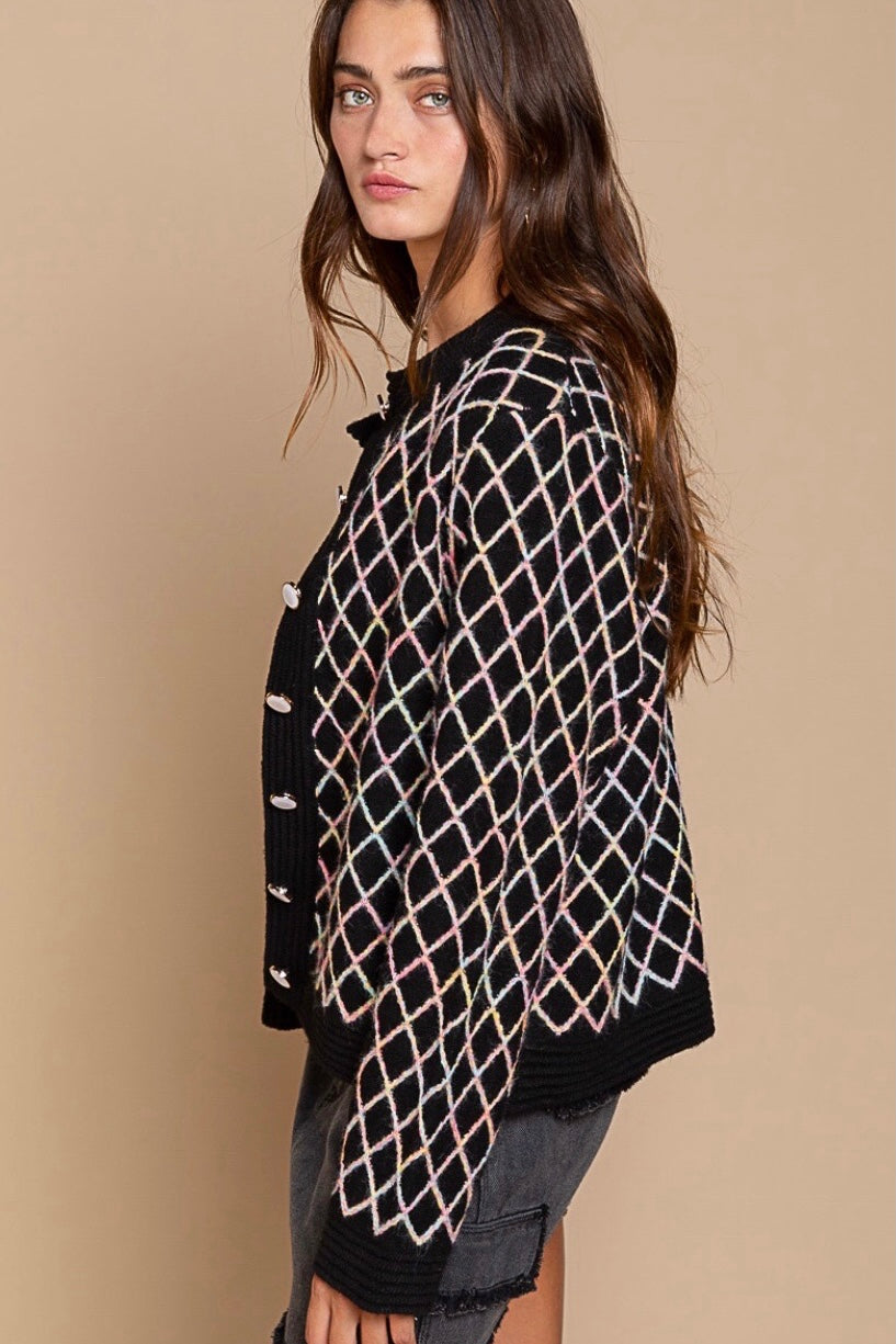 Girl’s Best Friend Diamond Pattern Button Front Cardigan