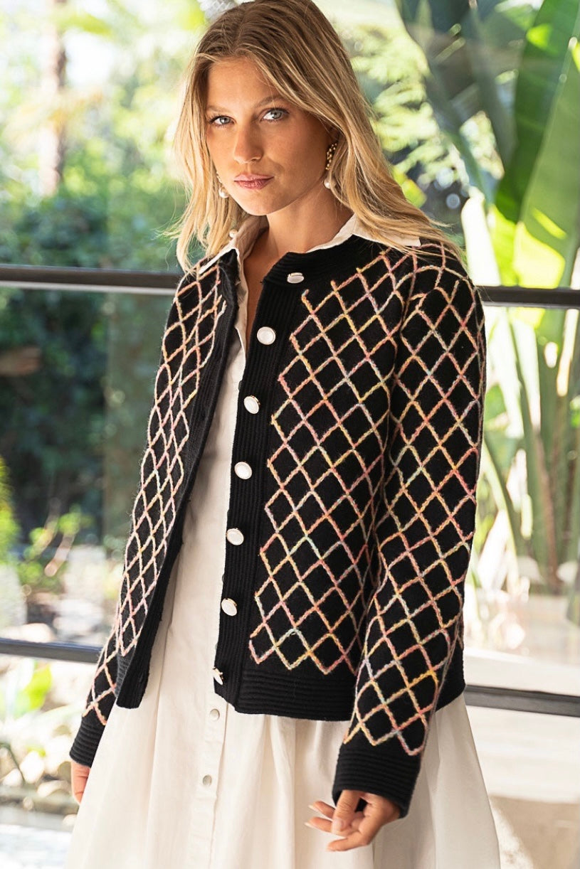 Girl’s Best Friend Diamond Pattern Button Front Cardigan