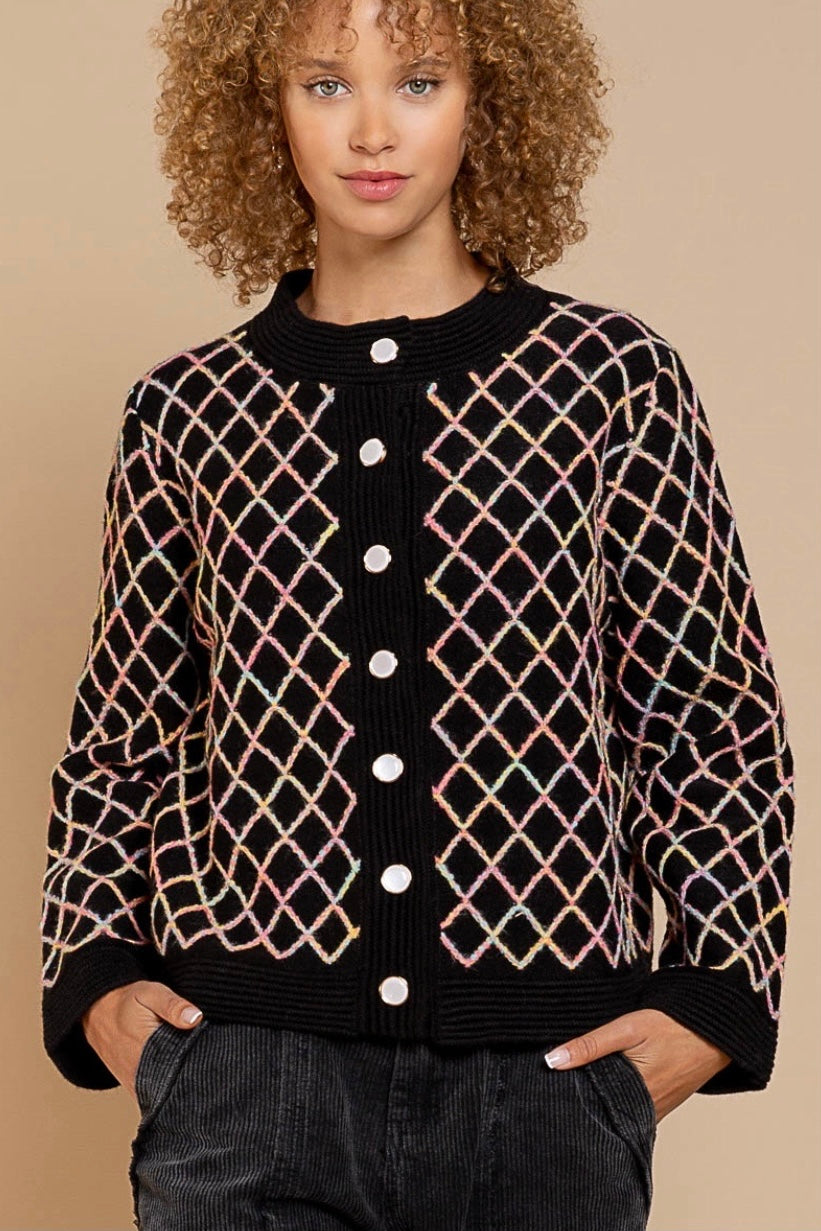 Girl’s Best Friend Diamond Pattern Button Front Cardigan