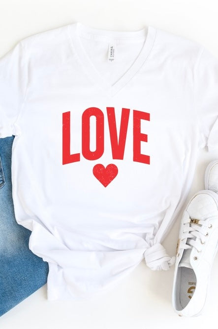 Love + Heart Short Sleeve V Neck Graphic