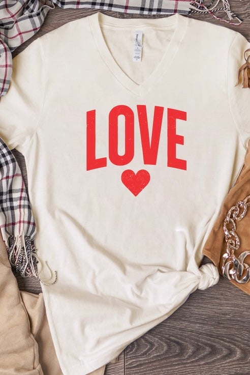 Love + Heart Short Sleeve V Neck Graphic