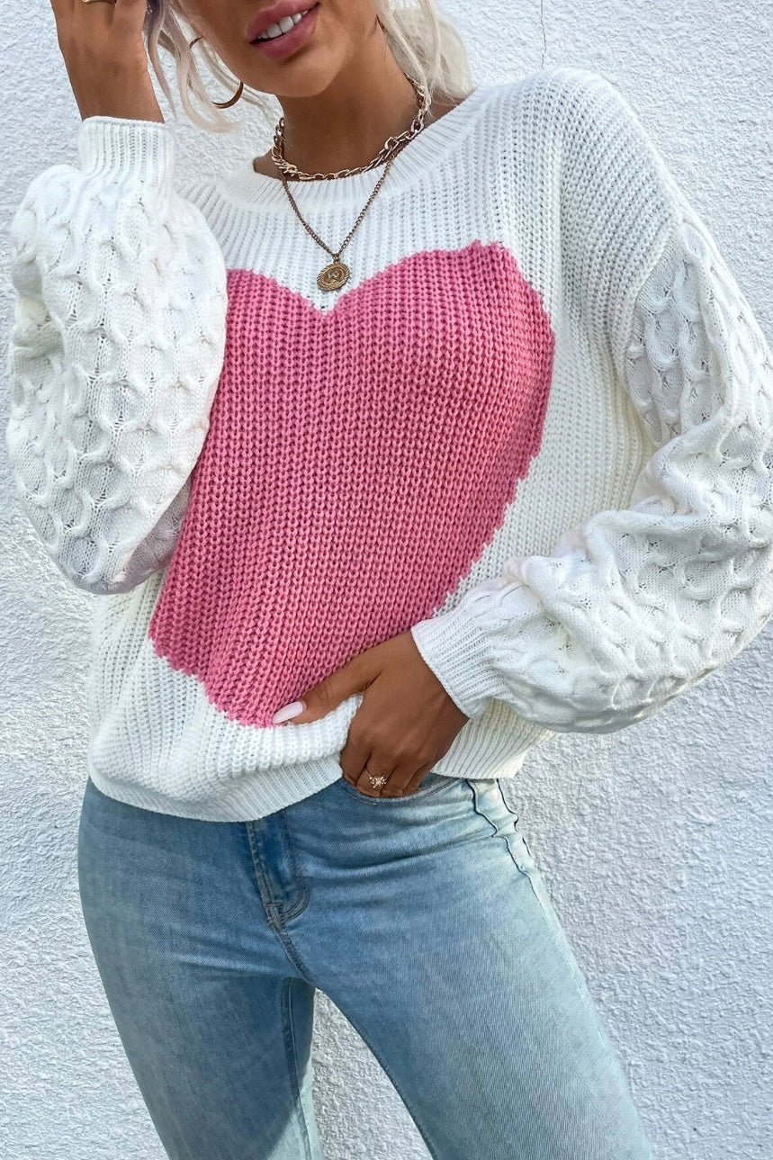 One Heart Chunky Knit Sweater with Cable Knit Sleeves