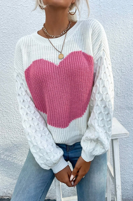 One Heart Chunky Knit Sweater with Cable Knit Sleeves