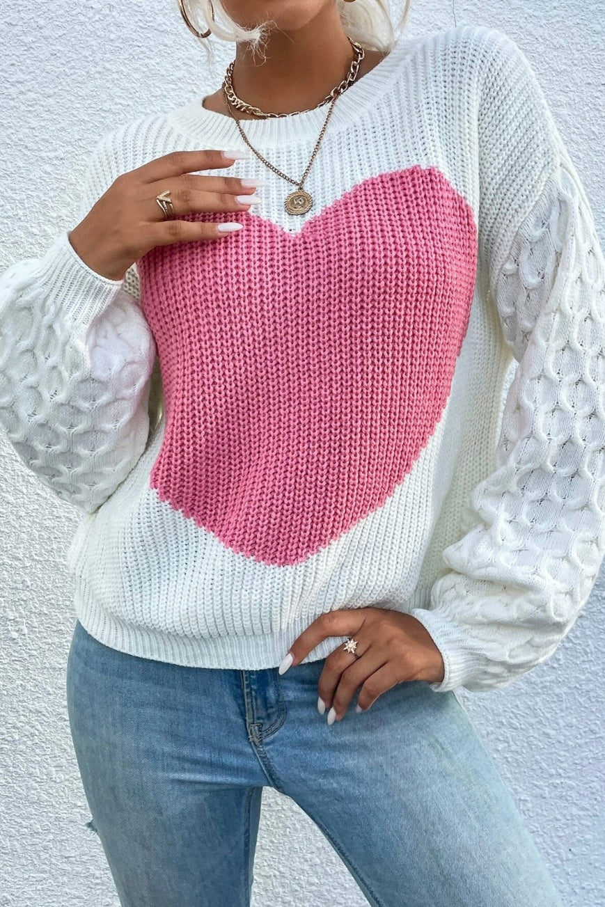 One Heart Chunky Knit Sweater with Cable Knit Sleeves