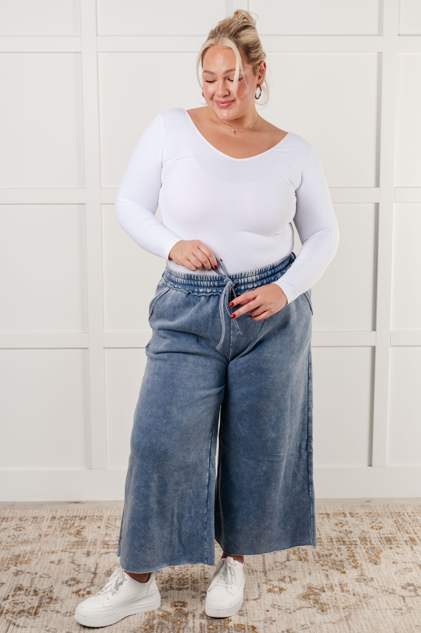 Free Time Soft Fleece Wide Leg Cropped Pants in Dusty Blue (Small to 3X)