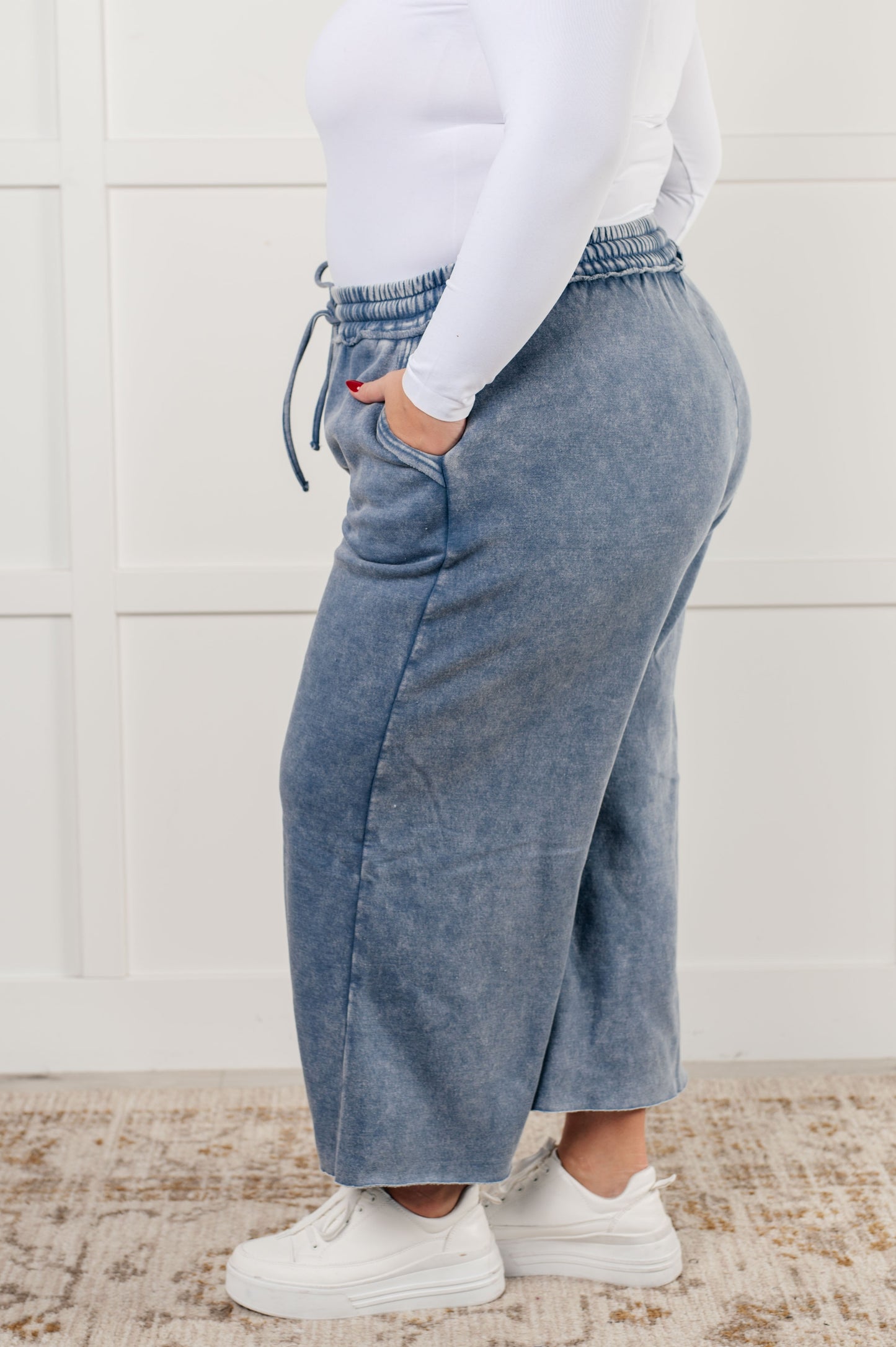 Free Time Soft Fleece Wide Leg Cropped Pants in Dusty Blue (Small to 3X)