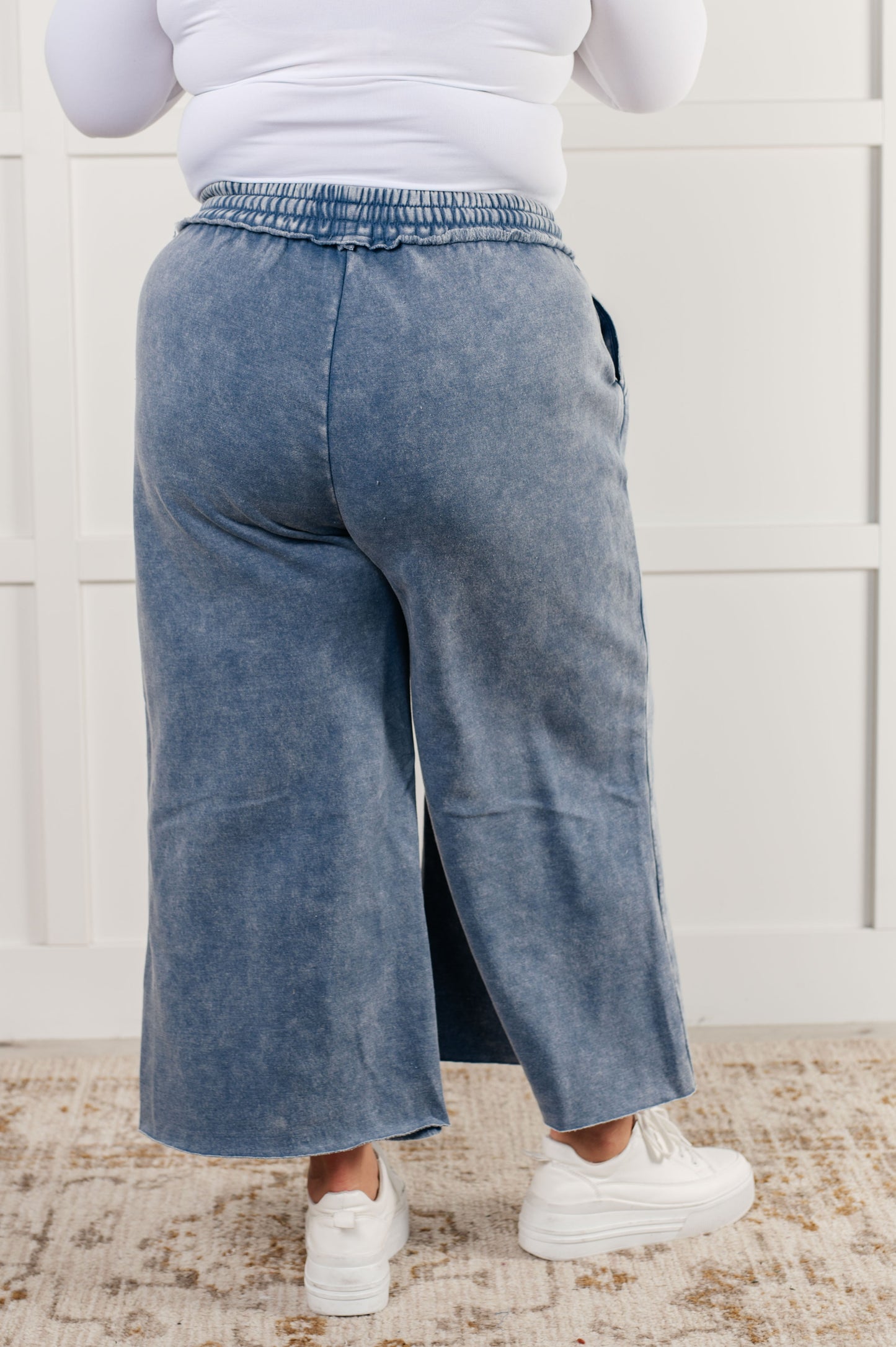 Free Time Soft Fleece Wide Leg Cropped Pants in Dusty Blue (Small to 3X)