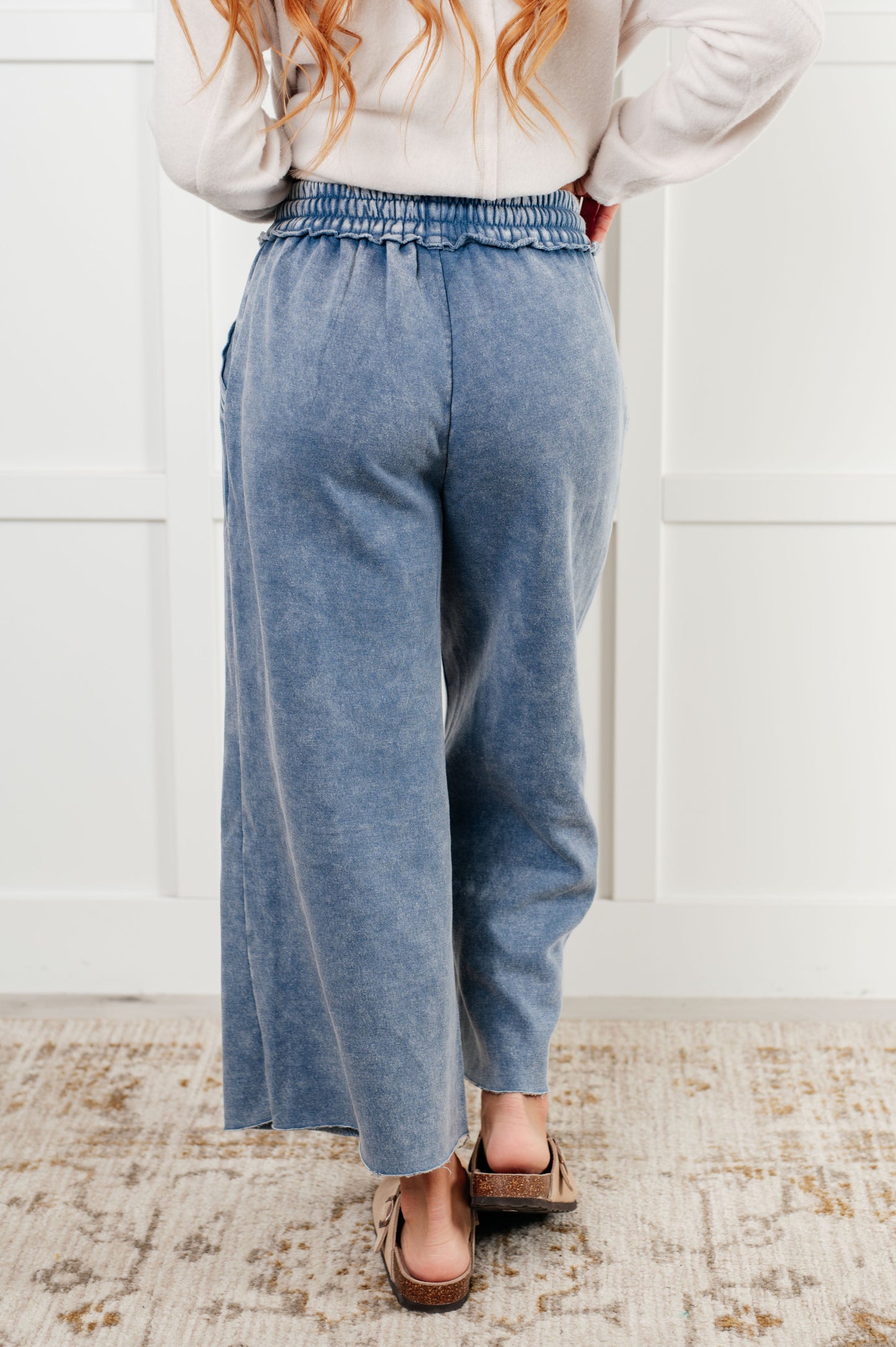 Free Time Soft Fleece Wide Leg Cropped Pants in Dusty Blue (Small to 3X)