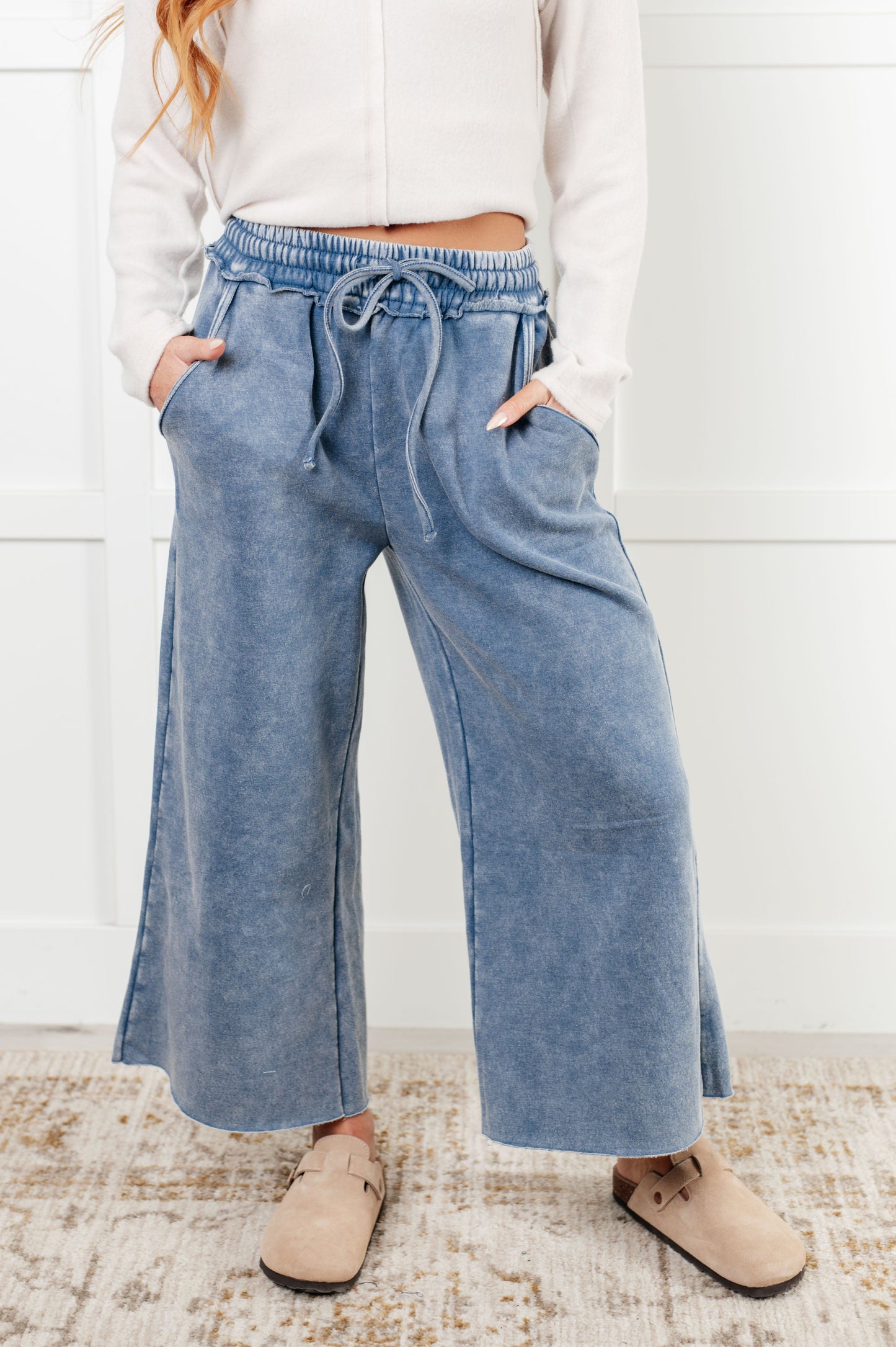 Free Time Soft Fleece Wide Leg Cropped Pants in Dusty Blue (Small to 3X)