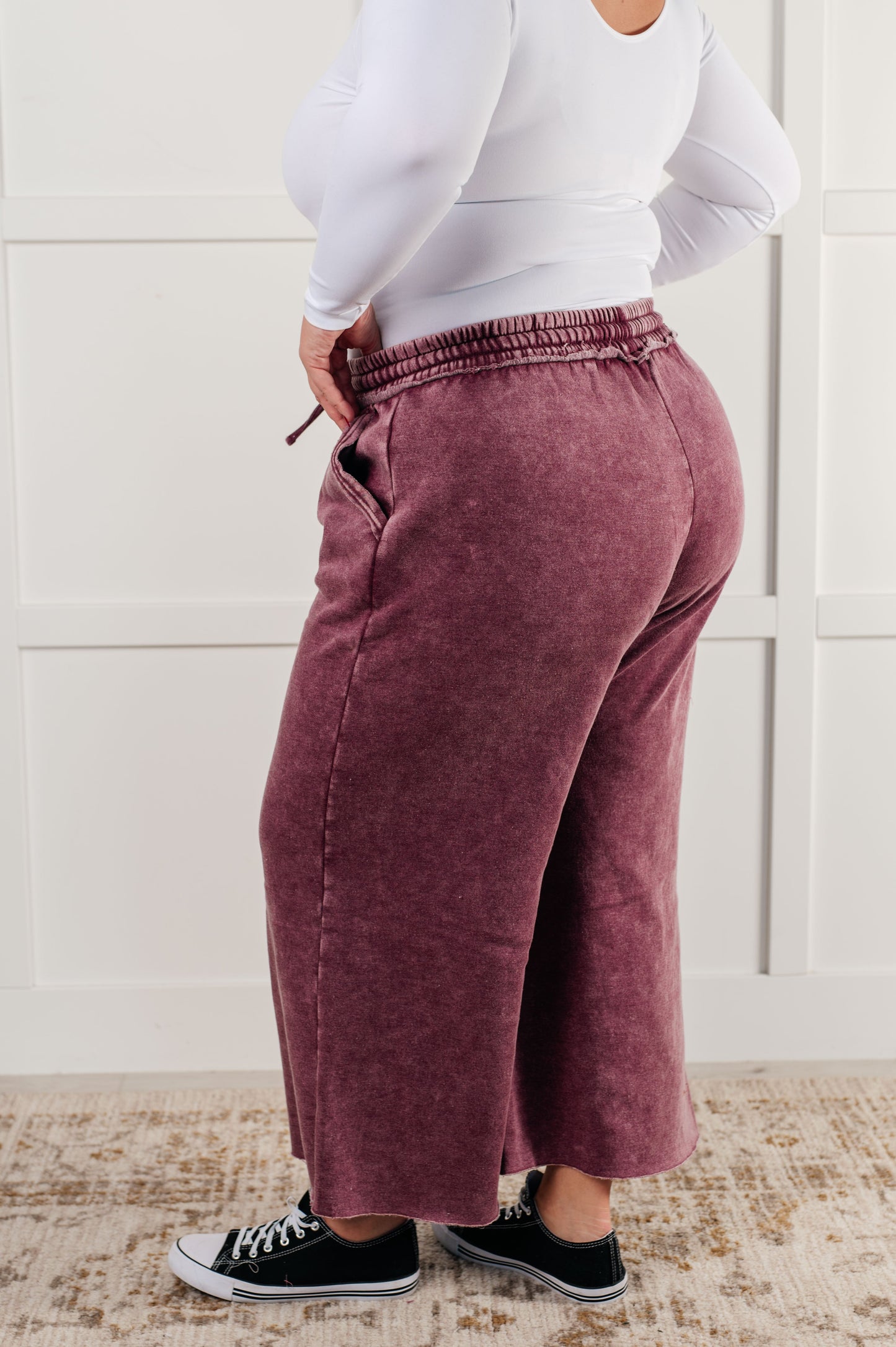 Free Time Soft Fleece Wide Leg Cropped Pants in Eggplant (Small to 3XL)