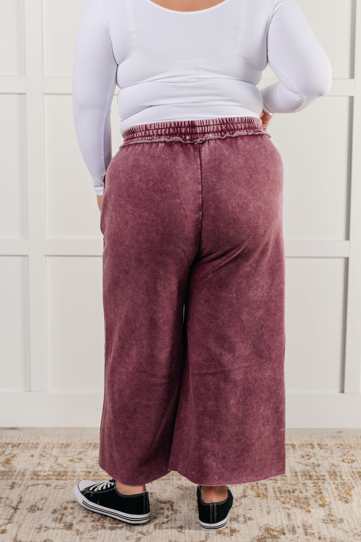 Free Time Soft Fleece Wide Leg Cropped Pants in Eggplant (Small to 3XL)