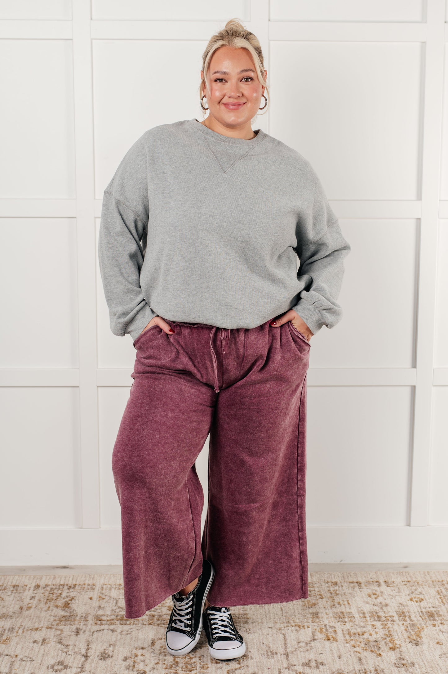 Free Time Soft Fleece Wide Leg Cropped Pants in Eggplant (Small to 3XL)