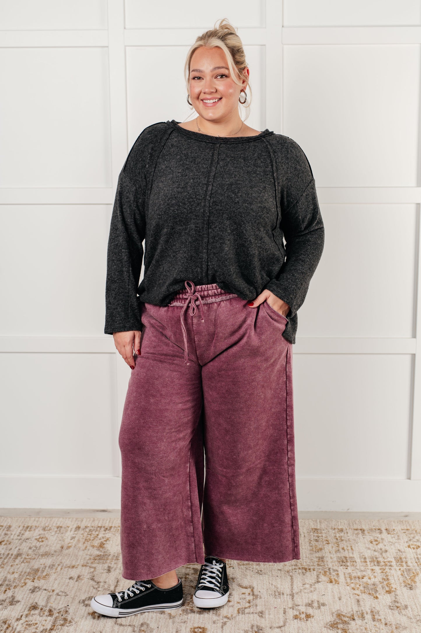 Free Time Soft Fleece Wide Leg Cropped Pants in Eggplant (Small to 3XL)