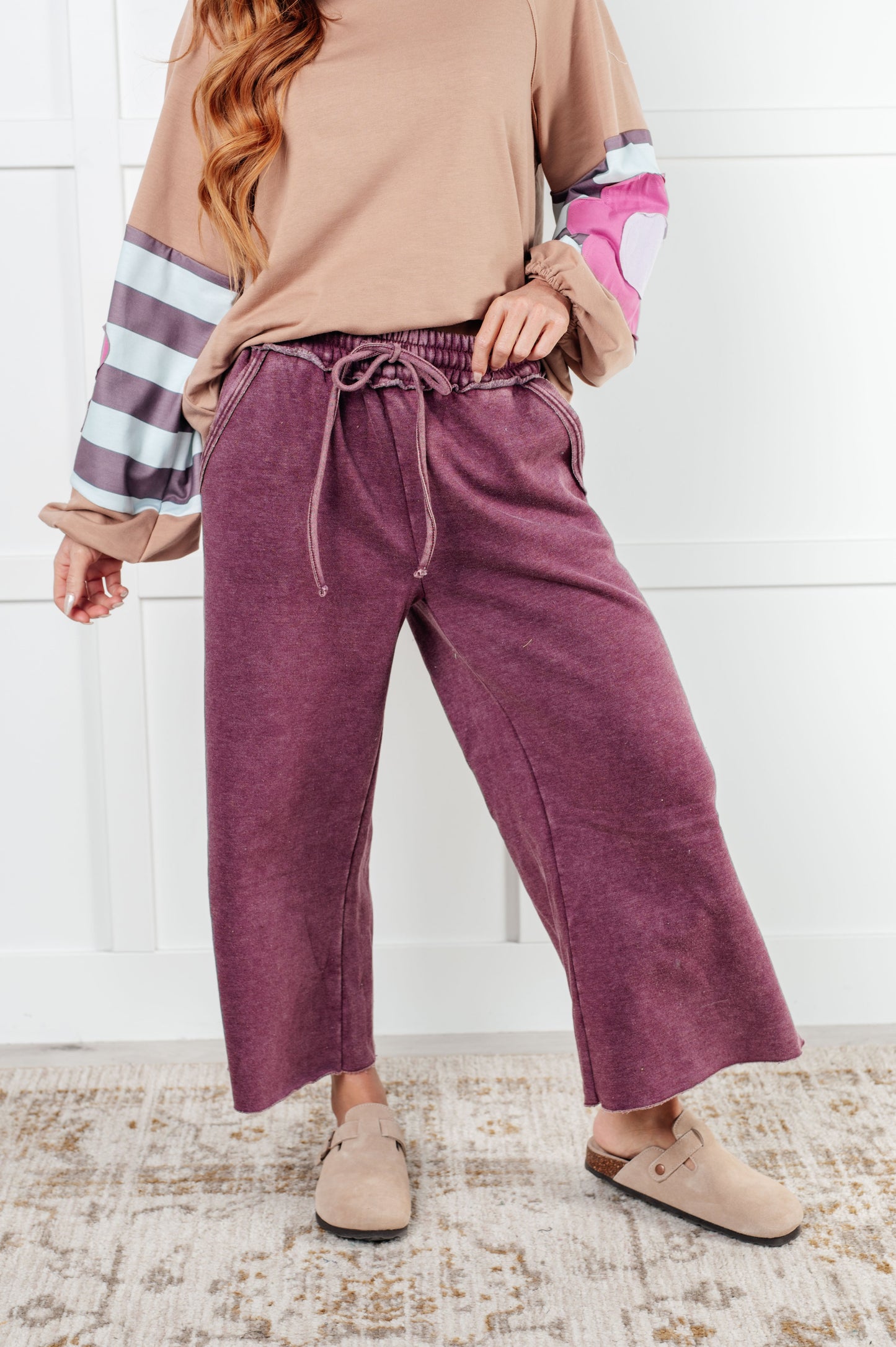 Free Time Soft Fleece Wide Leg Cropped Pants in Eggplant (Small to 3XL)