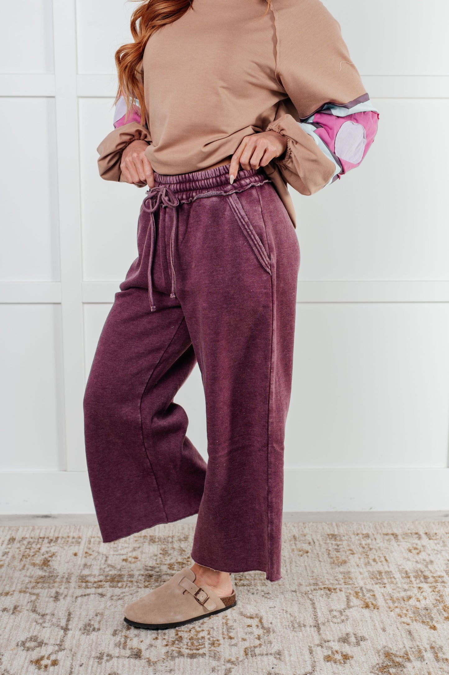 Free Time Soft Fleece Wide Leg Cropped Pants in Eggplant (Small to 3XL)