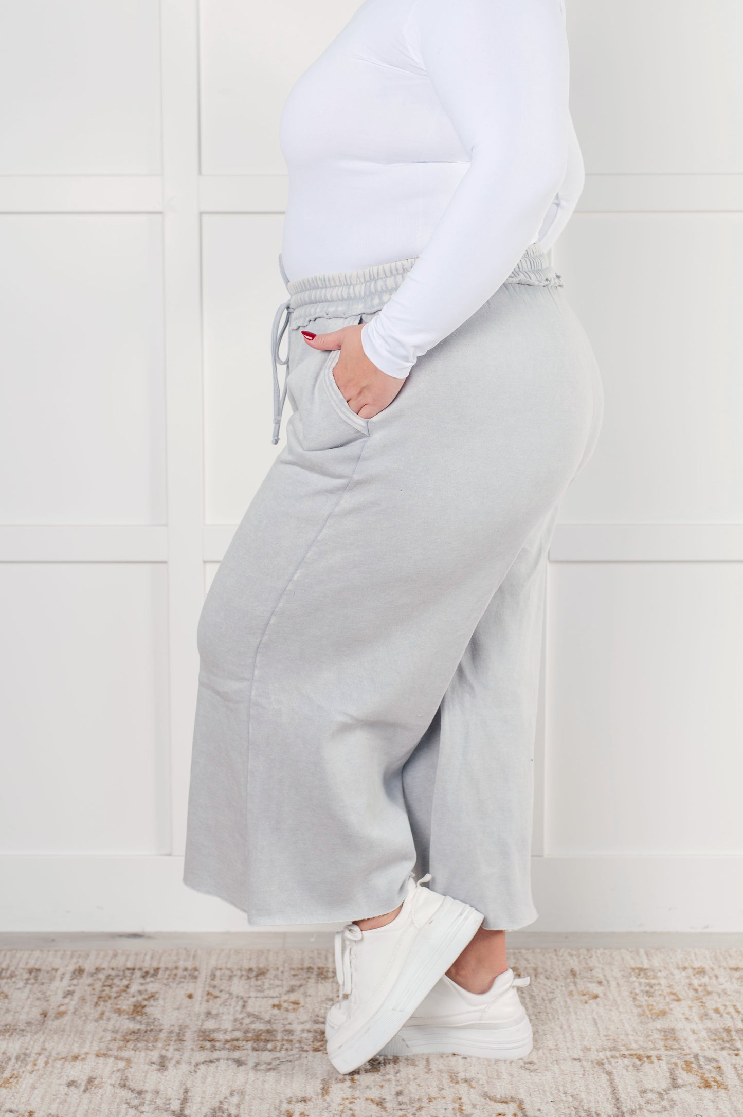 Free Time Soft Fleece Wide Leg Crop Pants in Light Grey (Small to 3XL)