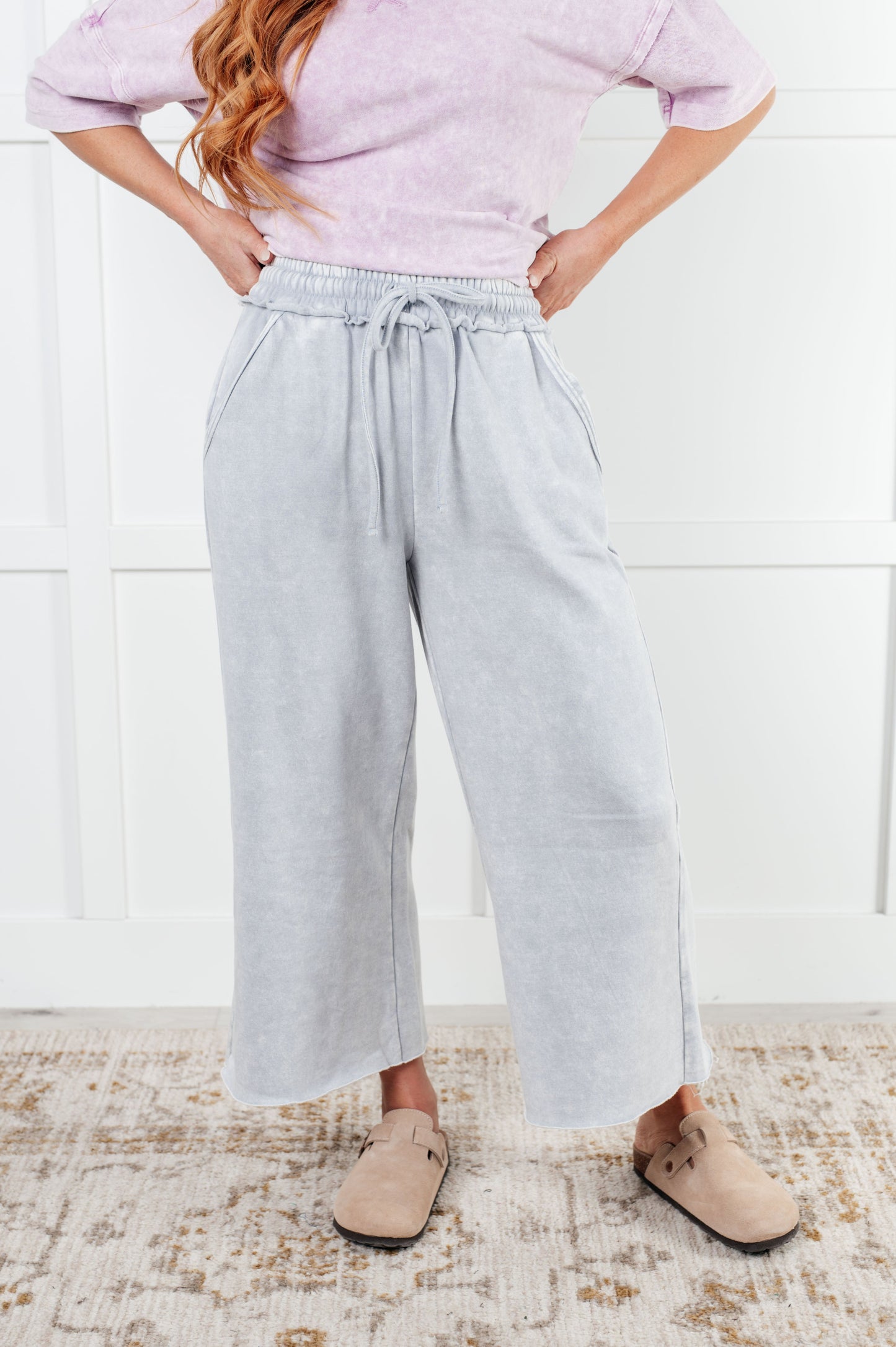 Free Time Soft Fleece Wide Leg Crop Pants in Light Grey (Small to 3XL)