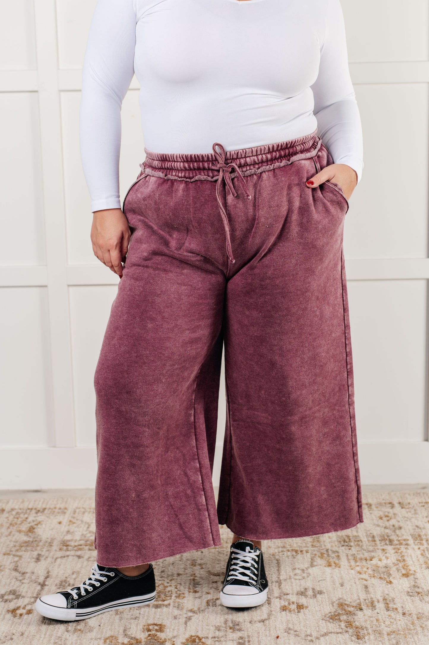 Free Time Soft Fleece Wide Leg Cropped Pants in Eggplant (Small to 3XL)