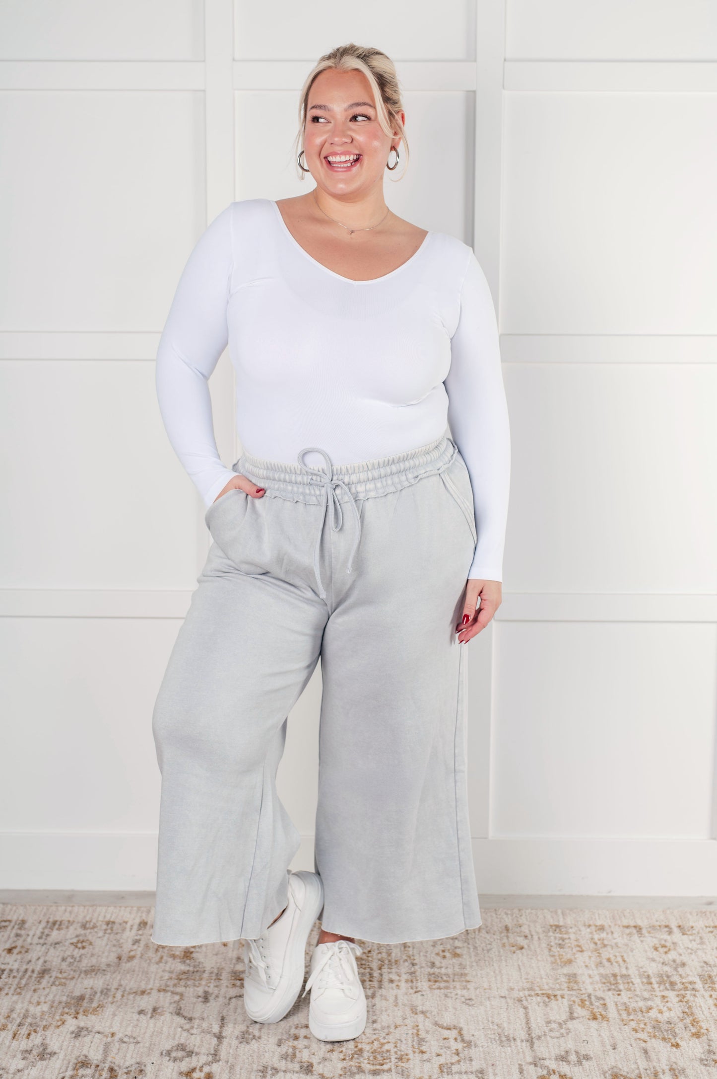 Free Time Soft Fleece Wide Leg Crop Pants in Light Grey (Small to 3XL)