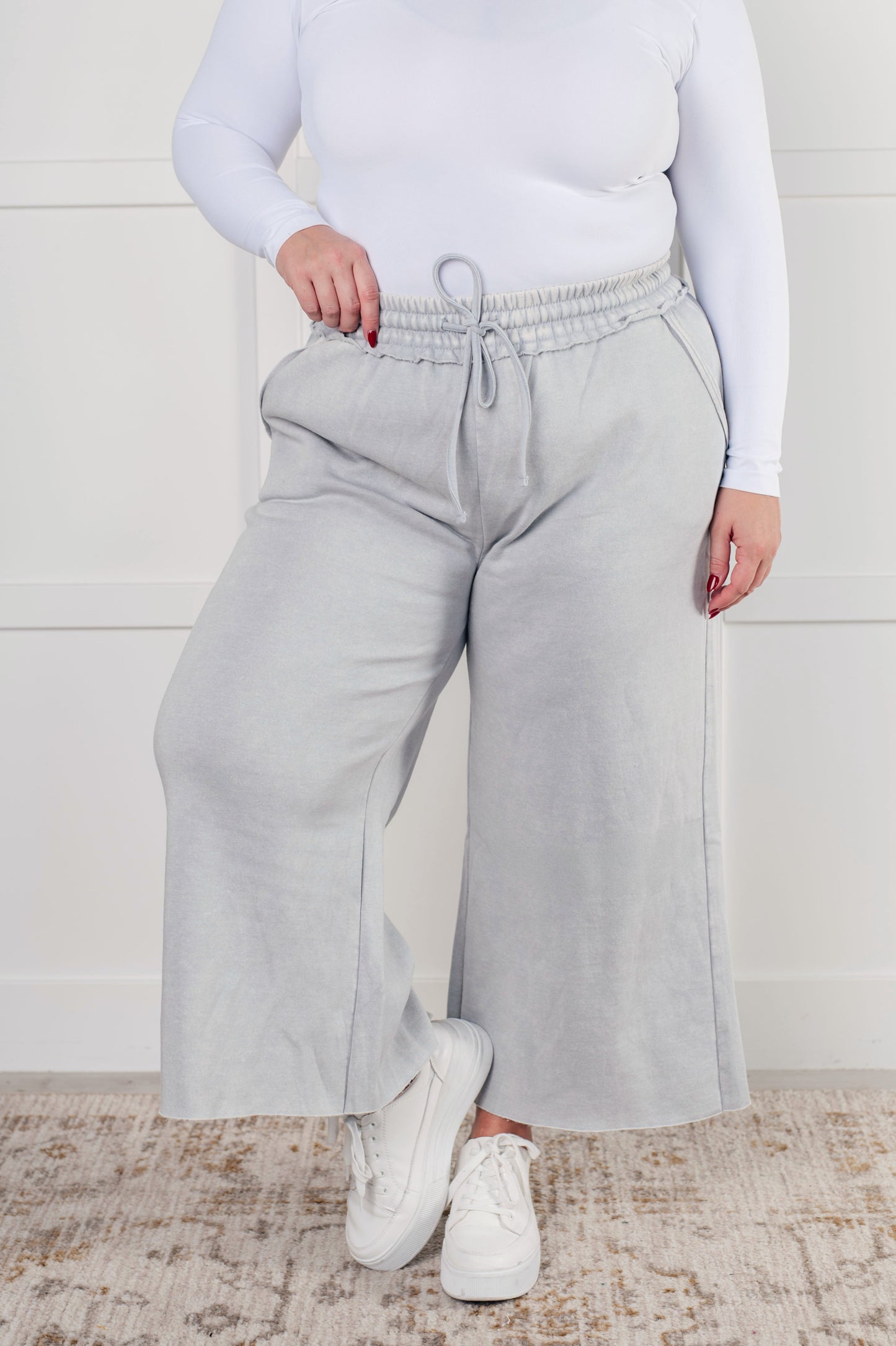 Free Time Soft Fleece Wide Leg Crop Pants in Light Grey (Small to 3XL)