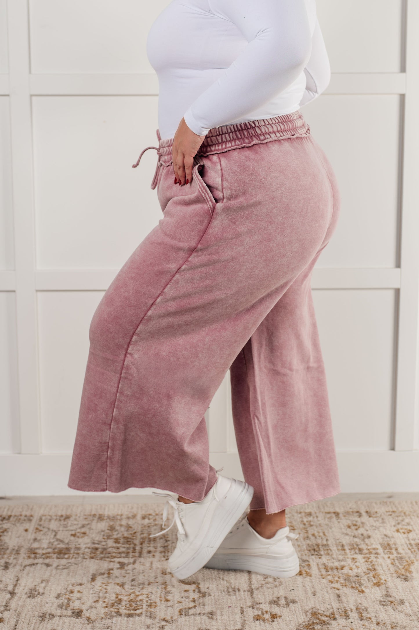 Free Time Soft Fleece Wide Leg Cropped Pants in Light Rose (Small to 3XL)