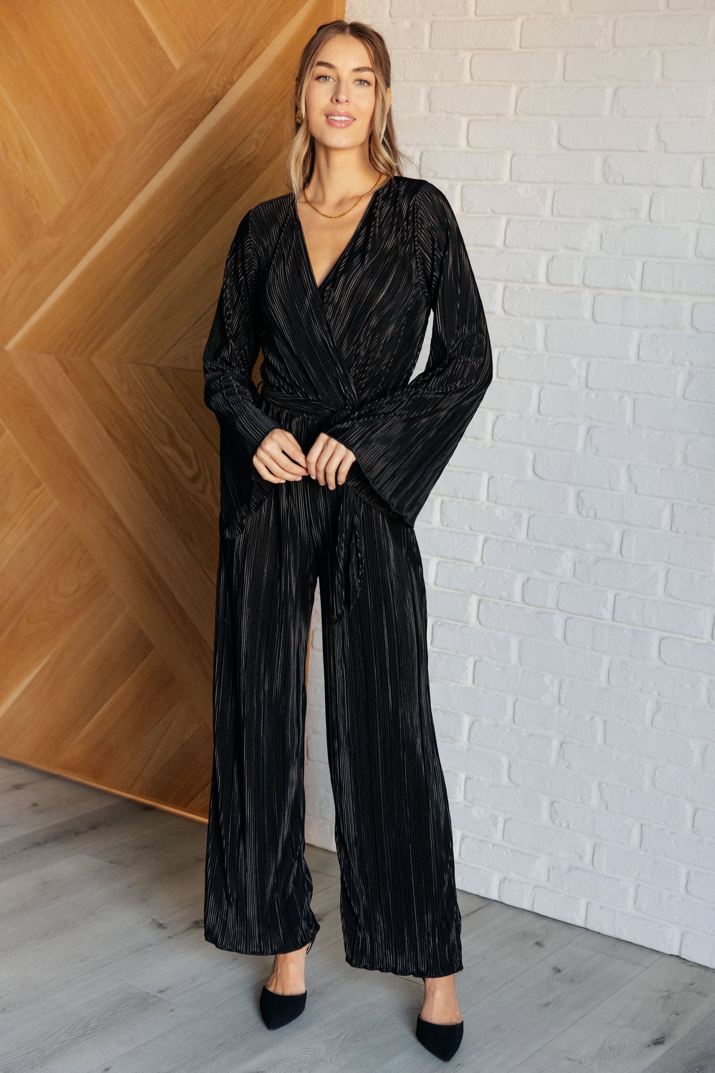 Black Magic Silky V Neck Long Sleeve Plisse Jumpsuit (Small to 3XL)