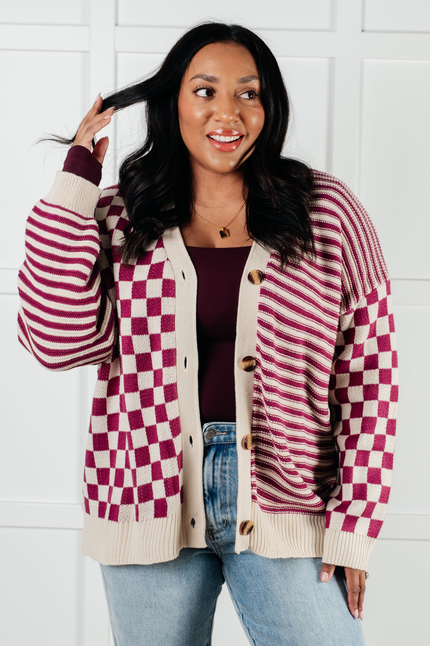 Plot Twist Checkers + Stripes Button Down Cardi (Small to 3XL)