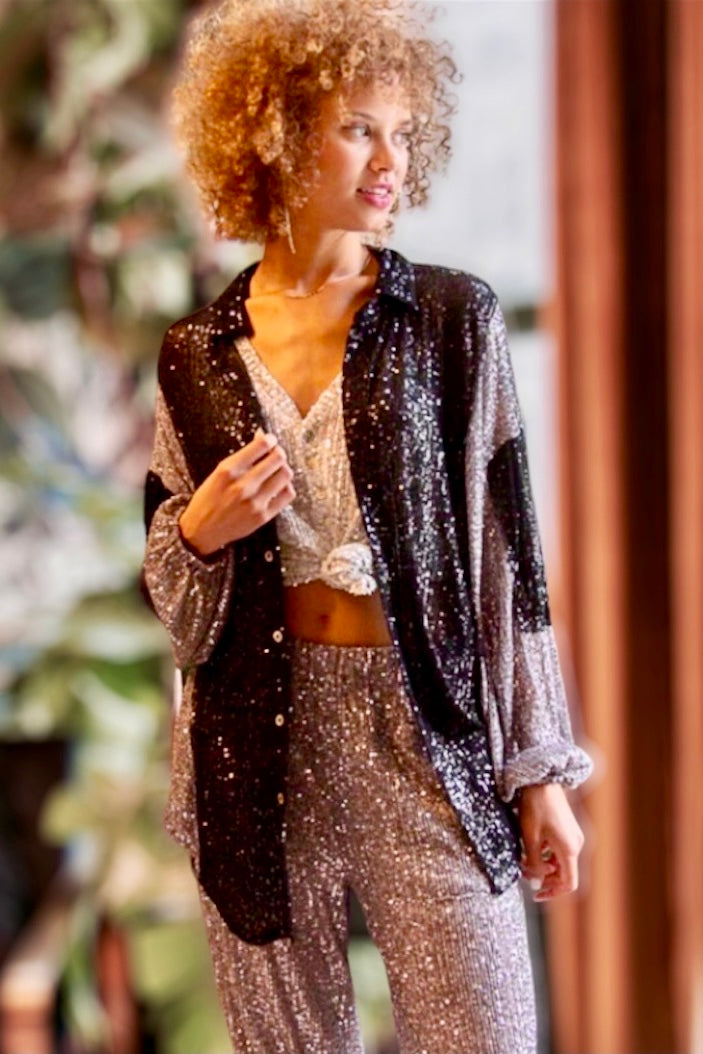 All Night Long Sequin Block Sleeve Button Up Overiszed Blouse