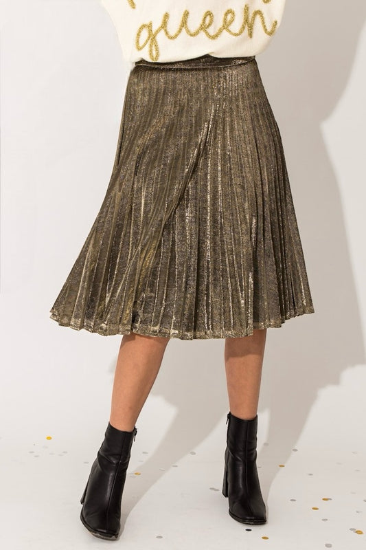 Starlight Gold Lurex Sparkle Pleated Midi Skirt