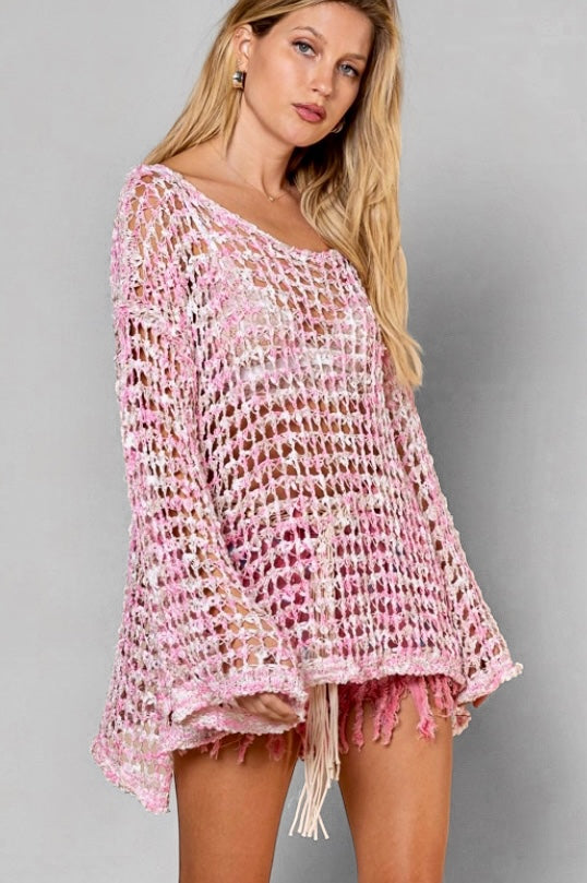Better Together 2 Tone Pink + Beige Fishnet Open Knit Sweater