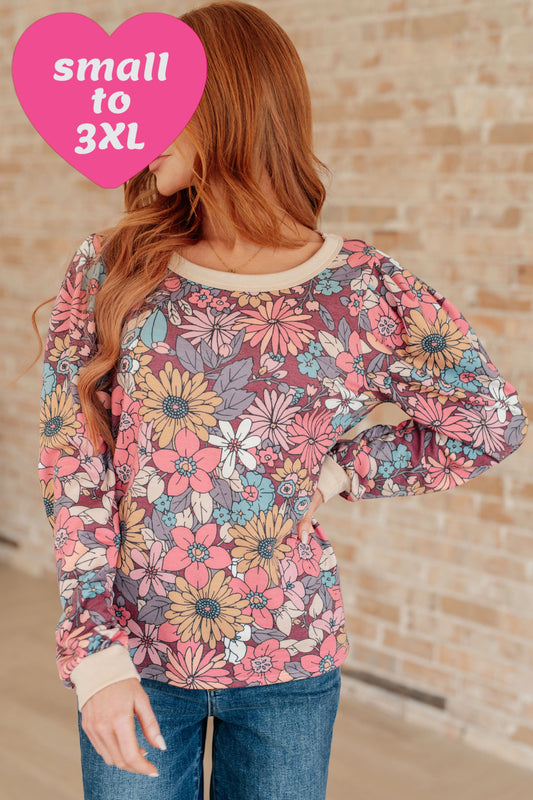 Superbloom Floral Print Long Sleeve French Terry Pullover Top