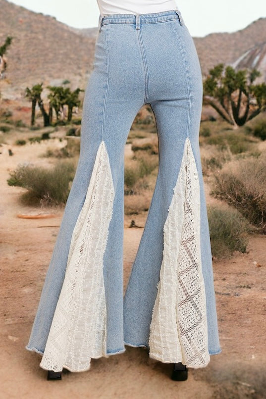 Great Escape Lace + Chiffon Pieced High Waist Super Flare Festival Jeans