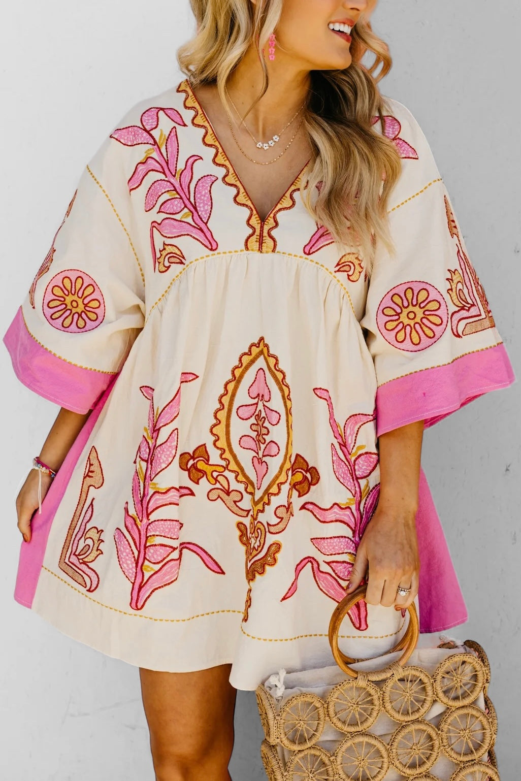 Desert Days Embroidered V Neck Half Sleeve Babydoll Dress