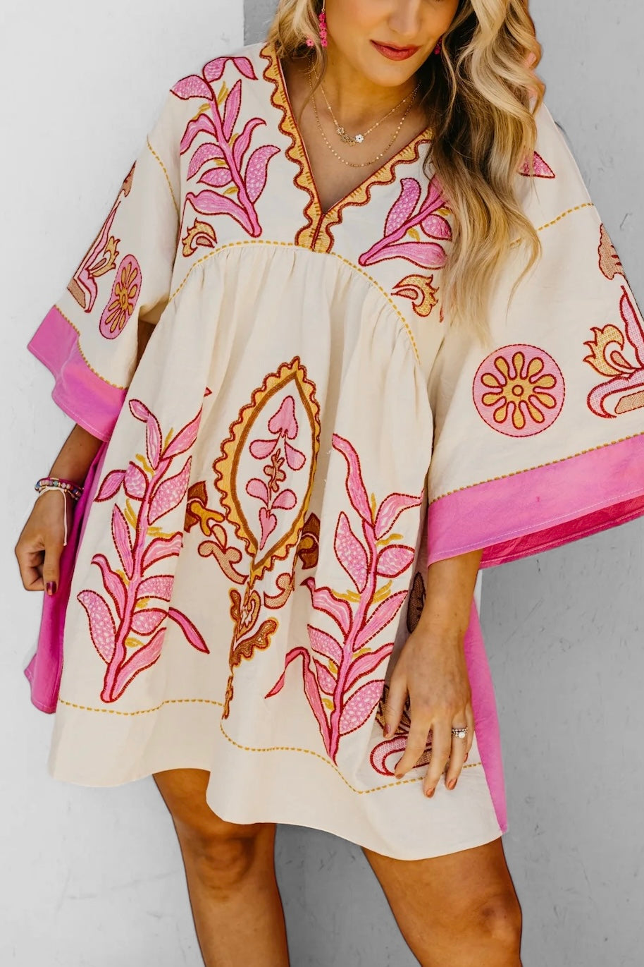 Desert Days Embroidered V Neck Half Sleeve Babydoll Dress