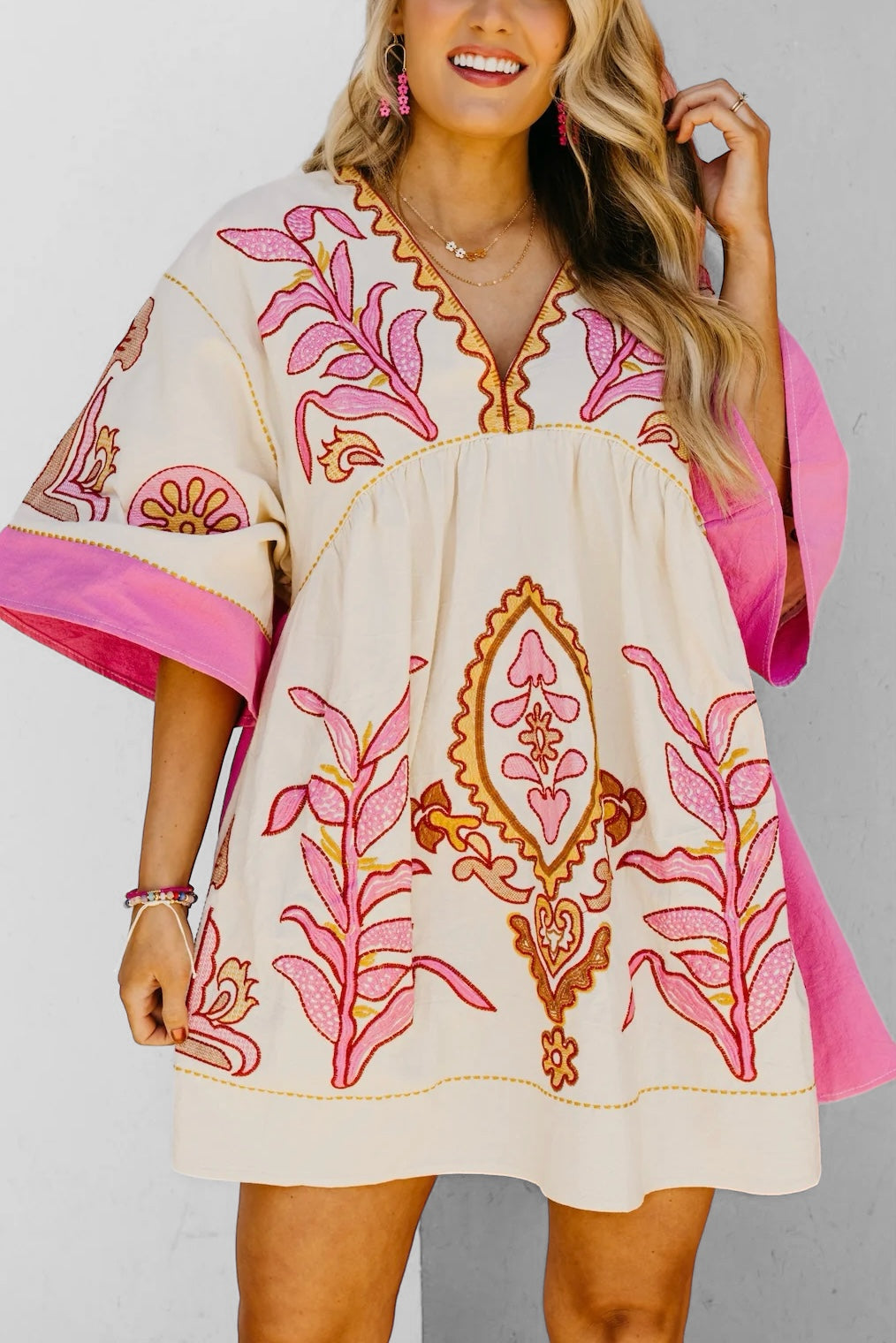 Desert Days Embroidered V Neck Half Sleeve Babydoll Dress