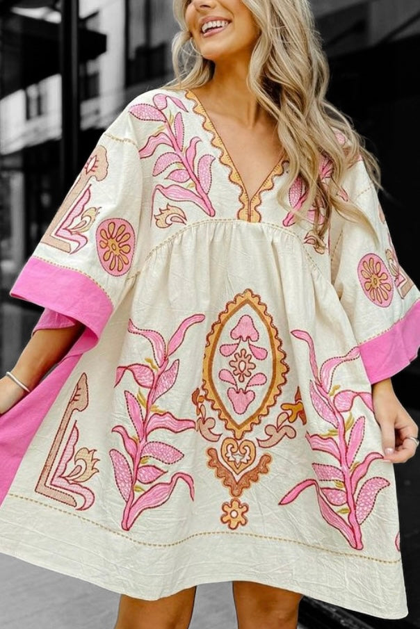 Desert Days Embroidered V Neck Half Sleeve Babydoll Dress