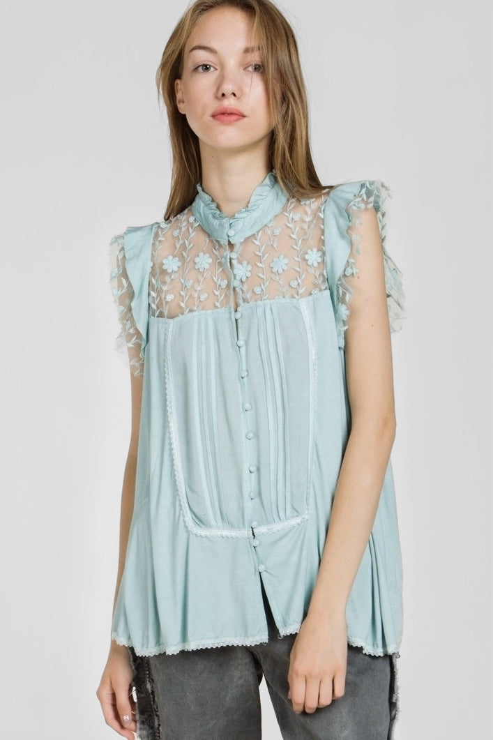 Breezy Days Pleated Vintage Floral Lace Rayon Jersey Tunic