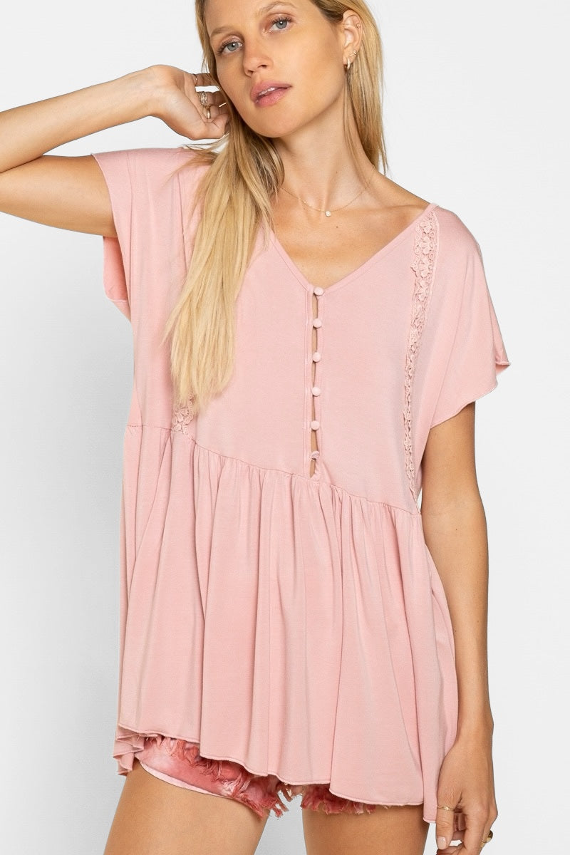 My Everyday Rayon Jersey Half Button Babydoll Tunic Top