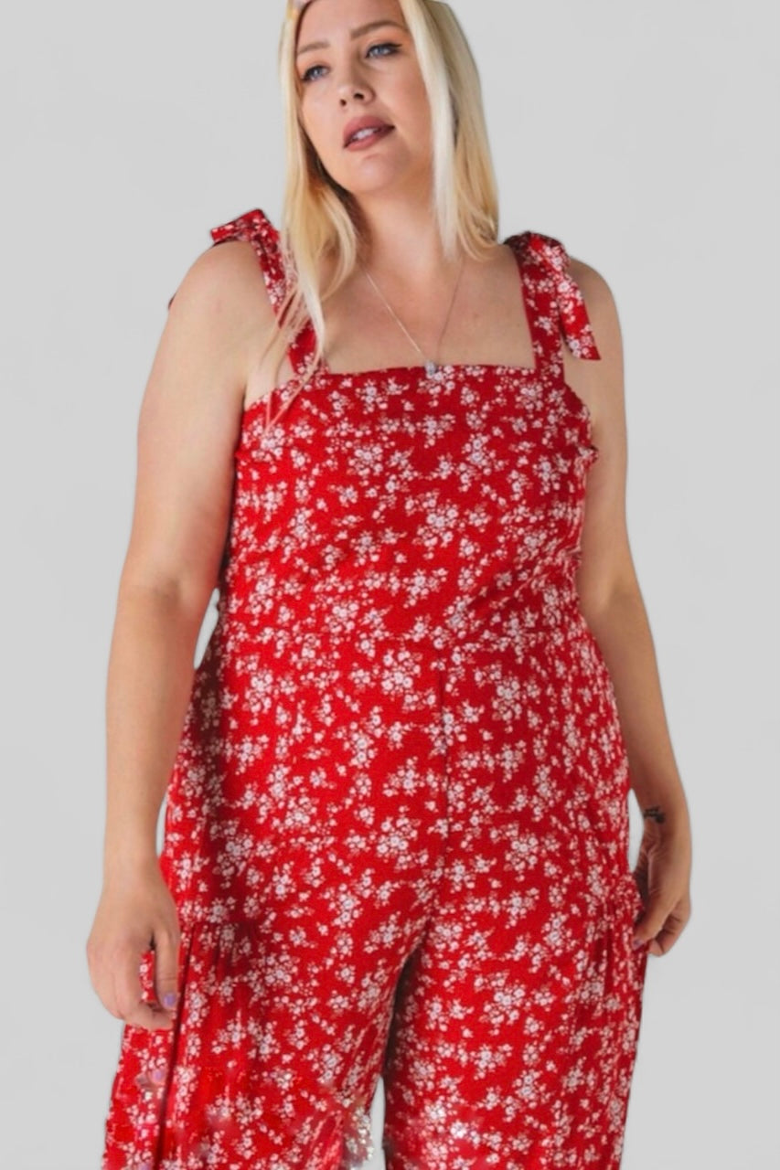 Brunch Babe Red Floral Print Sleeveless Wide Leg Jumpsuit