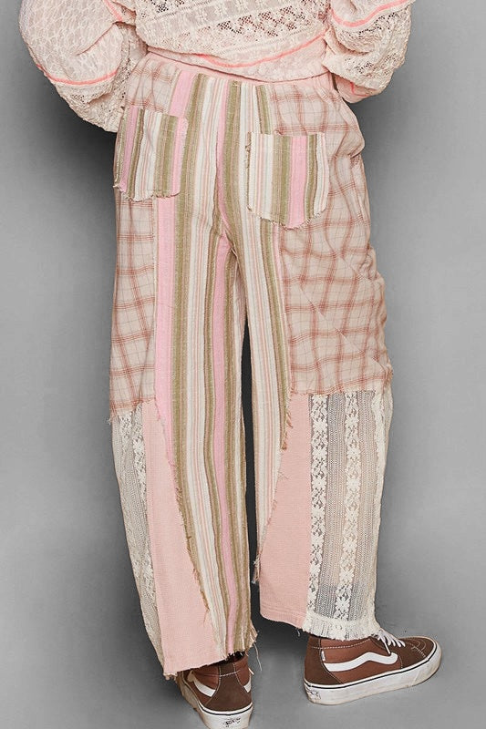 August Moon Striped Plaid Lace Detail Cotton Pants (3 Colors)