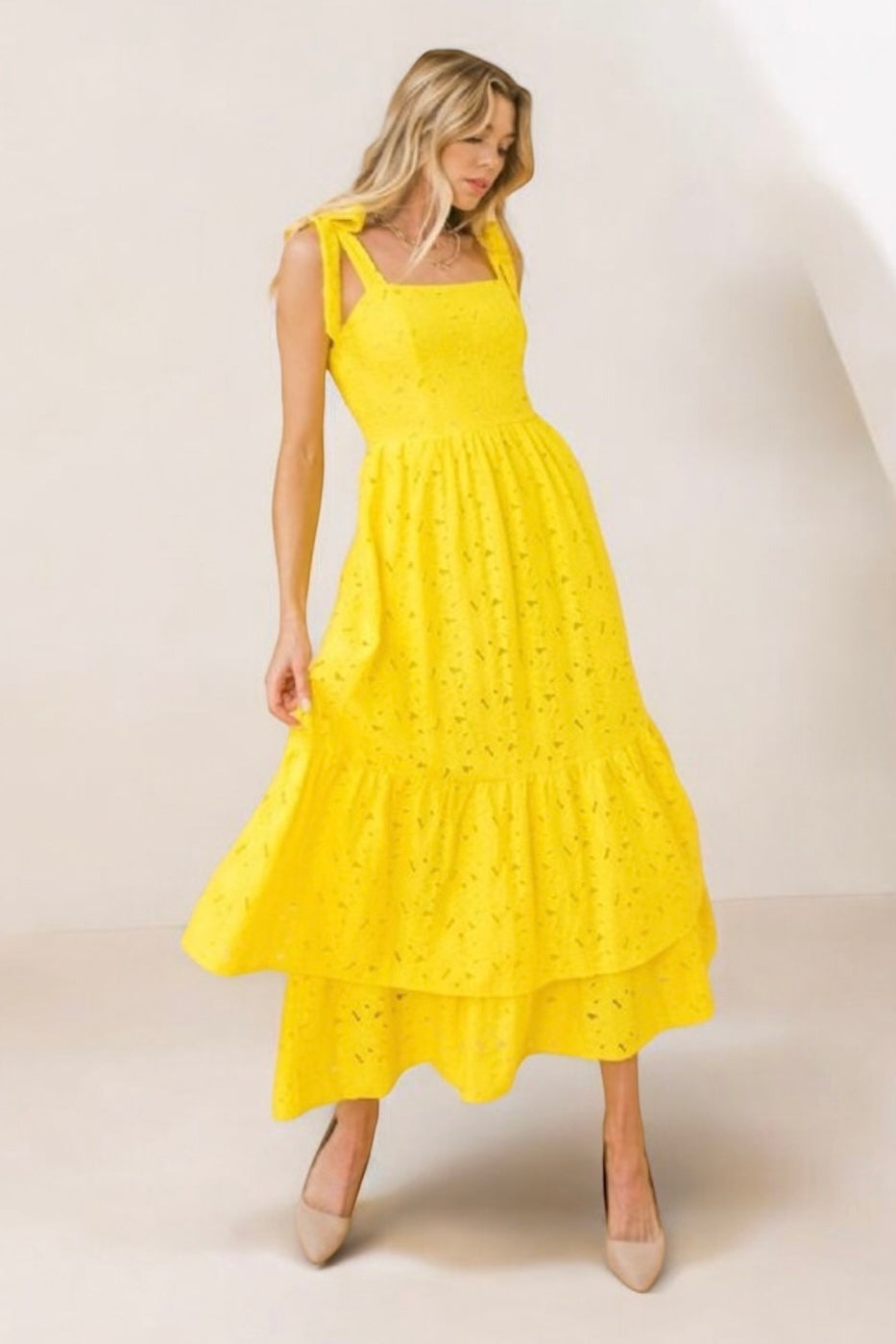 Palmer Floral Eyelet Double Ruffle Midi Dress