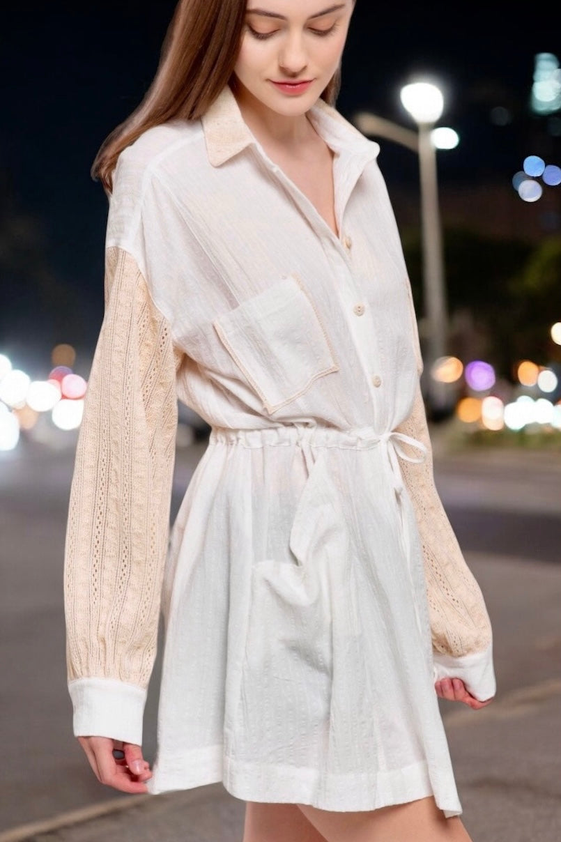 Fresh Take Lace Sleeve Tie Waist Shirt Dress