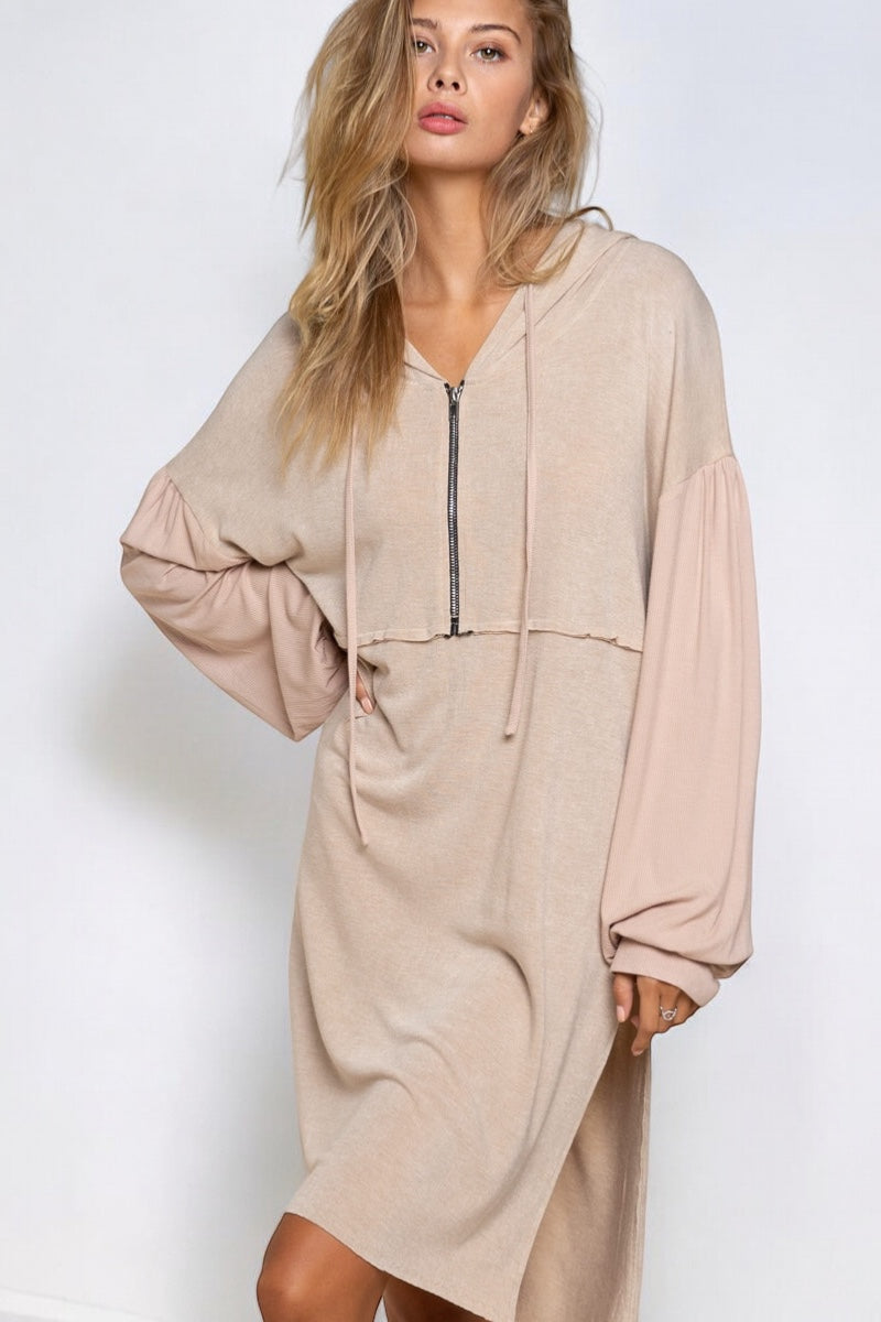 Relax + Chill Half Zip Long Sleeve Hoodie Midi Tunic Dress Mocha Mousse / S