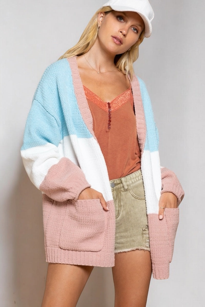 Going Places Chenille 3 Color Striped Button Down Cardi